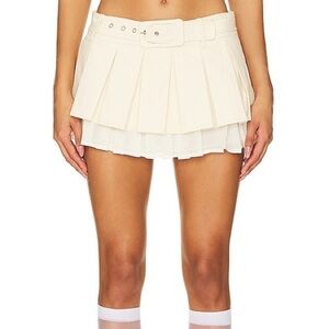 Loba Paulina Mini Pleated Belted Micro Skirt in Beige